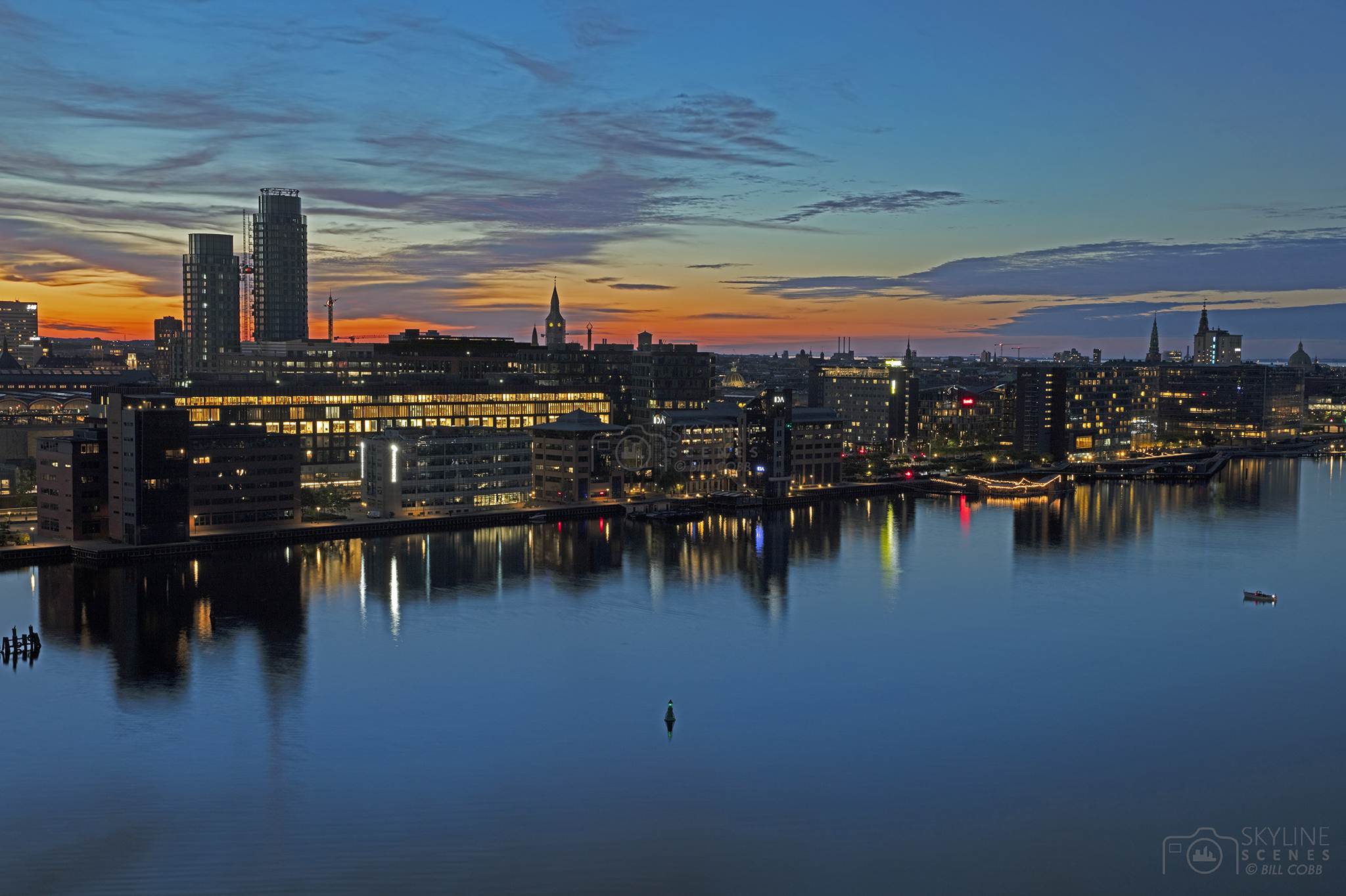 Copenhagen Harbor Waterfront at sunset images for sale by Skylinescenes.