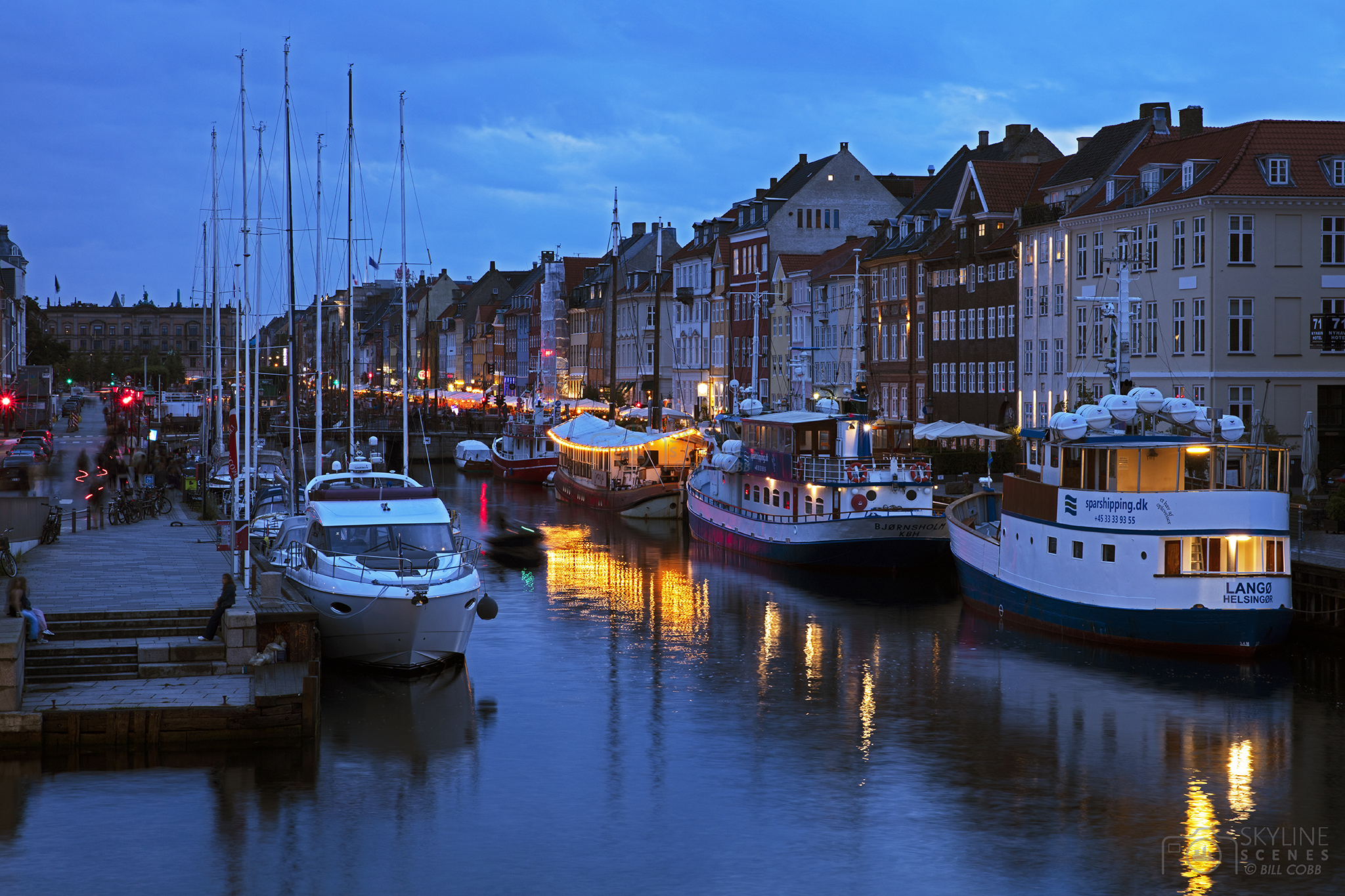 Nyhavn at dusk in Copenhagen images for sale by Skylinescenes.
